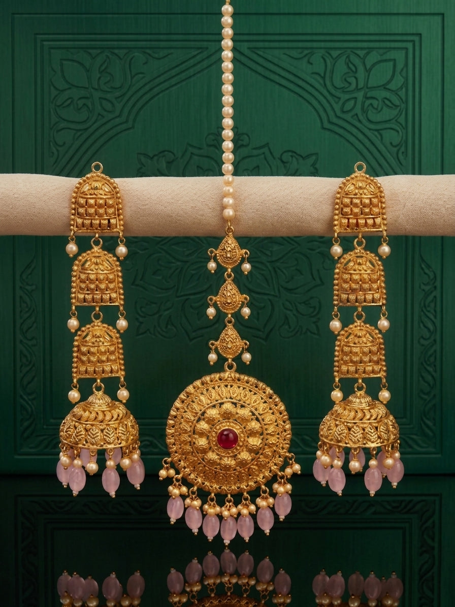 Royal Heritage Gold Plated Jhumka Tikka Set
