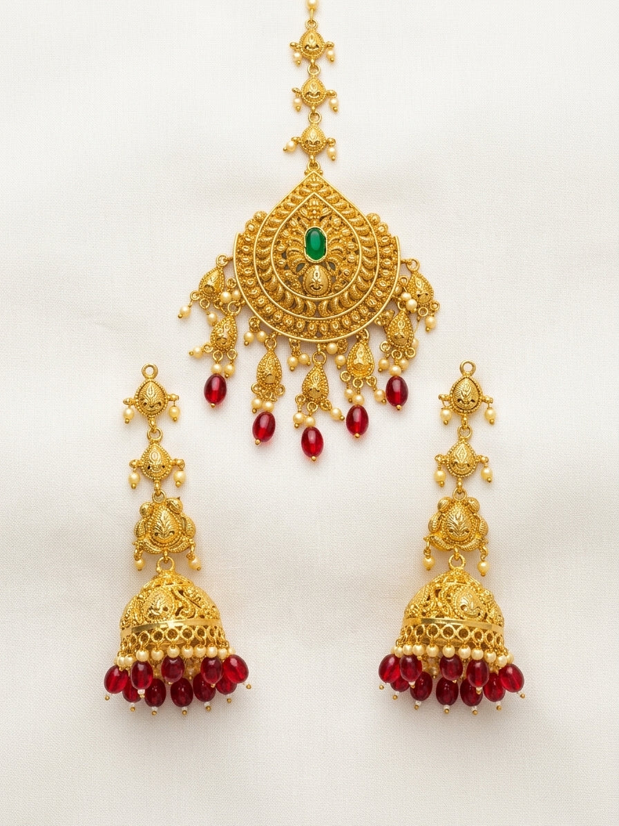 Antique Gold - Tikka Jhumka set (Red)