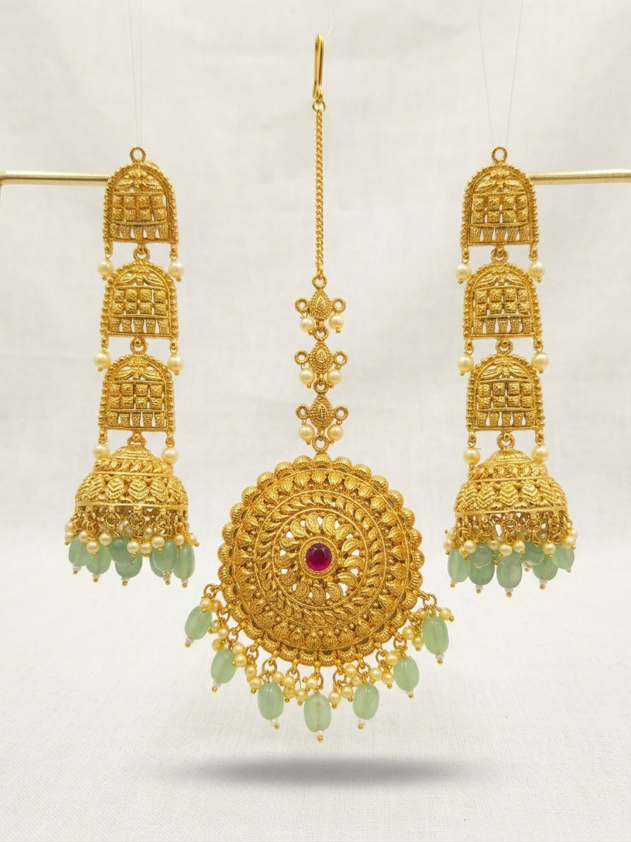 Royal Mint Antique Gold Jhumka & Tikka Set